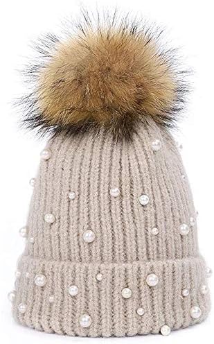 Bayan Kızlar Kış Örme Bere Şapka Faux Kürk Topu Pom Pom İnciler Boncuklu Trim Şapka Sıcak Kap