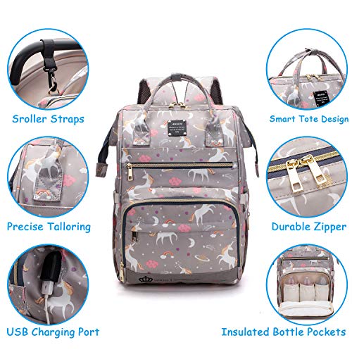 Bezi Çanta Sırt Çantası, LEQUEEN Unicorn İşlevli Seyahat Geri Paketi Analık Bebek Değiştirme Çantaları (Gri)