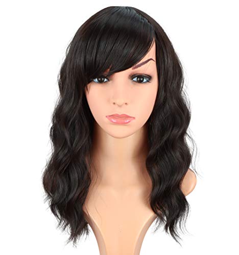 Orta Uzunlukta Koyu Kahverengi Dalgalı sentetik Saç peruk Siyah kadınlar için Omuz Uzunluğu kıvırcık peruk ısıya dayanıklı peruk