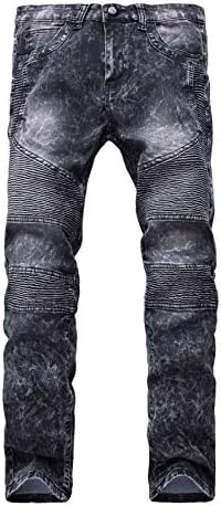 Andongnywell Motosiklet erkek Slim Fit Pilili Tayt Elastik Kot Pantolon Fermuarlı Düğme Cep
