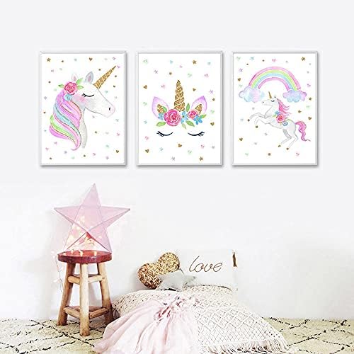 Kiddale Unicorn Duvar Posterler Su Renk Gökkuşağı Ünikorn Tuval Duvar Sanat Baskılar Boyama Kız Çocuklar için Yatak Odası Kreş