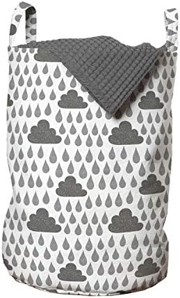 Ambesonne Gri ve Beyaz Çamaşır Torbası, Yağmur Damlaları Bulutlar Gökyüzü Elle Çizilmiş Stil Fırtınalı Hava Grafiği, Kulplu Sepet