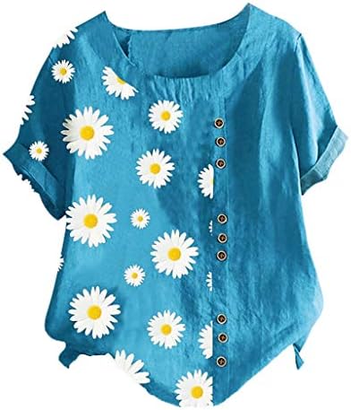 Dosoop Kadın Papatya Çiçek Baskı Boy Patchwork Kısa Kollu Yuvarlak Boyun Artı Boyutu Düğme T-Shirt Yaz Üst Bluz