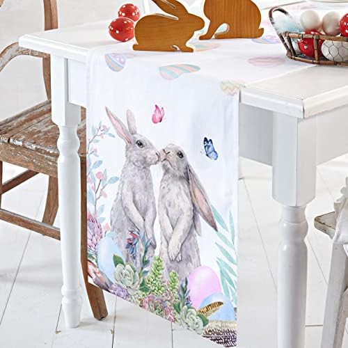 Çuval Bezi Keten Masa Runner-36 İnç Uzun, Paskalya Tavşanı Mutfak yemek masası Koşucu Dresser Atkılar, Suluboya Bahar Tavşan