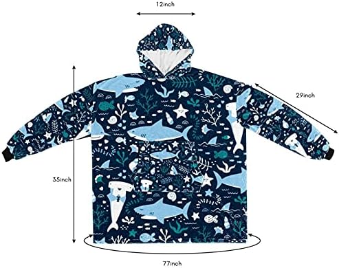 Giyilebilir Battaniye Hoodie Tek Beden Herkese Uyar Yetişkinler Boy Kazak Okyanus Köpekbalığı Mavi Kapşonlu Battaniye ile Cep