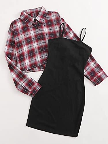 SweatyRocks kadın 2 Parça Kıyafetler Ekose Düğme Aşağı Gömlek Kırpma Üst ve Cami Elbise Seti