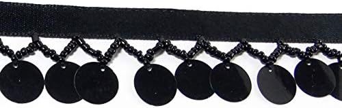 5 Metre Asılı Boncuklu Saçaklar - Siyah Yuvarlak Sequins Paillettes Charms ile Cam Tohum Boncuk Saten Kurdele Bant Üzerinde Dikiş