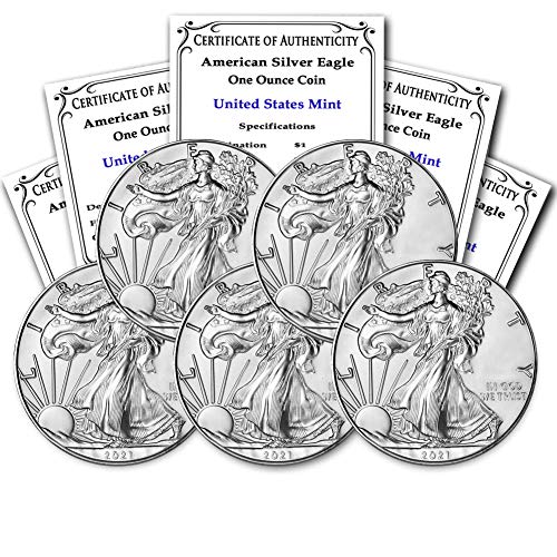 2021 Lot (5) 1 oz Gümüş American Eagle Brilliant Uncirculated (Tip 1) CoinFolio tarafından Orijinallik Sertifikası ile $1 BU