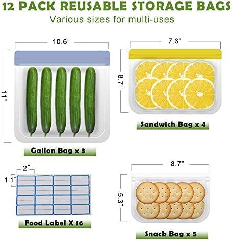 Yeniden Kullanılabilir Gıda Saklama Torbaları-16 Etiketli 12 Paket (3 Galon Çanta + 4 Sandviç Öğle Yemeği Çantası+5 Küçük Çocuk