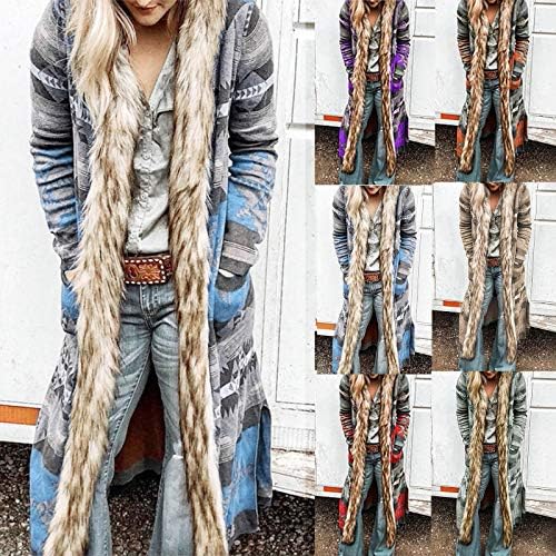Kadınlar Uzun Hırka Kürklü Trim Kapşonlu Boho Vintage Baskı Trençkot Gevşek Kış Rahat Uzun Kollu Ceket Dış Giyim