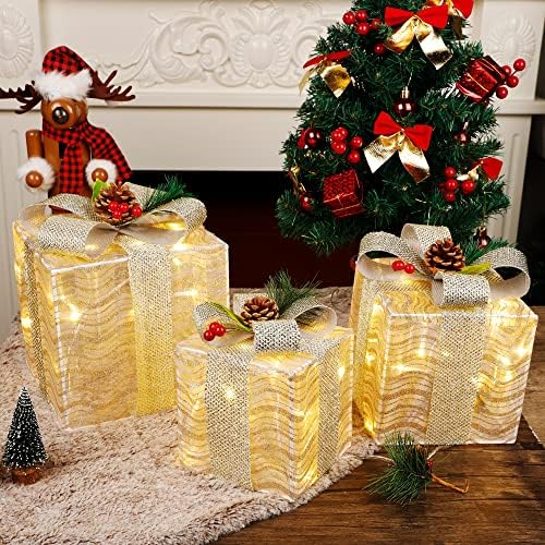 ATDAWN 3 Set Işıklı hediye Kutuları Noel Süslemeleri, gümüş Yay Önceden aydınlatılmış Mevcut Kutuları, noel Ev Hediye Kutusu