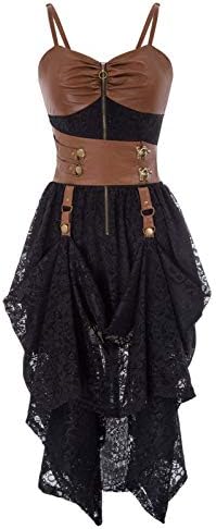 SCARLET DARKNESS Bayan Gotik Steampunk Elbise Splice Faux Deri Yüksek-Düşük Hem Dantel Elbiseler