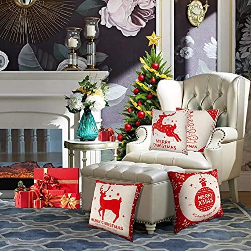 Yastık Noel Dekor için Kapakları 18x18 inç [4 Set], Kış Süslemeleri için Ev ve Çiftlik, Noel Atmak Yastık ile Noel Ağacı ve Kırmızı