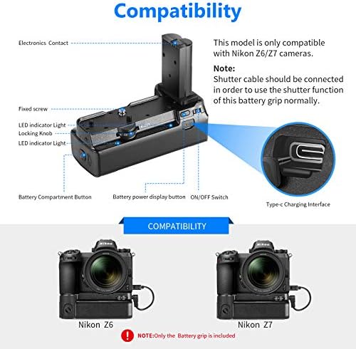 Neewer Kamera Battery Grip Nikon Z6 Z7 Kamera ile uyumlu, destek Dikey Çekim, 1 veya 2 EN-EL15b ile çalışır / EL15 Şarj Edilebilir