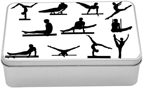 Ambesonne Gymnastics Metal Kutu, Çeşitli Pozlara Sahip Erkek Atlı Atlet Silüetlerinin Bileşimi, Kapaklı Çok Amaçlı Dikdörtgen