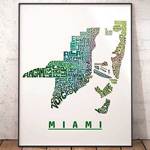 Miami Mahalle Haritası Baskısı, orijinal elle çizilmiş Miami tipografi haritası sanatımın imzalı baskısı