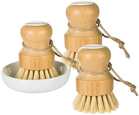GREENTH PRO Bambu çanak fırça - 3 Paketi Çevre Dostu Sisal Pot Scrubber Fırça ile Seramik Tutucu - Ahşap Fırça için Pot, çanak