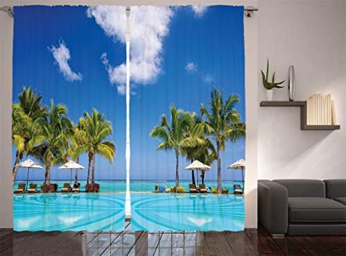 Ambesonne Kıyı Perdeleri, Mauritius'ta Tropikal Plaj Hindistan Cevizi Palmiye Ağaçları ile Yüzme Havuzu ve Şezlonglar, Oturma