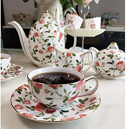Porselen Seramik Kahve Çay Hediye Setleri,Çaydanlık Şekerlik Kremalı 6 kişilik Fincan Tabağı Servisi (Rose)