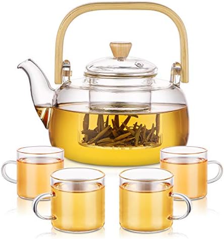 Cam Çaydanlık seti ile 4 çay fincanları, 34 oz/1000 ML çay su ısıtıcısı ile Çıkarılabilir Demlik için Gevşek Çay, çay makinesi
