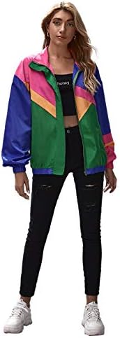 SweatyRocks kadın Zip Up Renk Blok Hafif Ceket Patchwork Spor Rüzgarlık Ceket Ceket Giyim