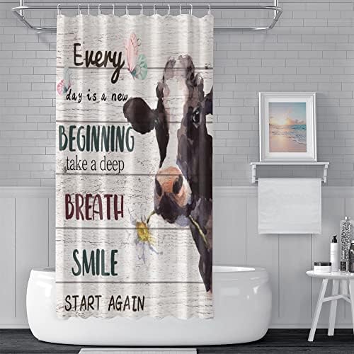 Komik Yayla Inek Duş Perdesi Banyo için Sevimli Rustik Çiftlik Hayvanları Ahşap Kumaş Duş Perdeleri Seti Su Geçirmez Polyester
