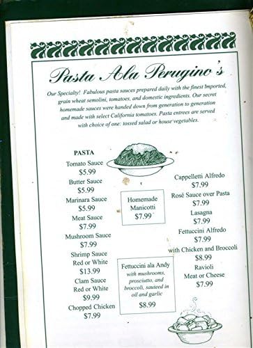 Andy Perugino'nun İtalyan Menüsü Luzerne Pennsylvania + 1998 Düğün Yemeği Menüsü