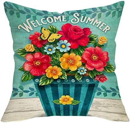 Softxpp Karşılama Yaz Dekoratif Atmak Yastık Kapak, Çiçekler Pot Kelebek Zeytin Dalı Yastık Kılıfı, Mevsimsel Ev Süslemeleri