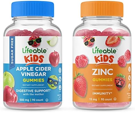 Lifeable Şekersiz Elma Sirkesi Çocuklar + Çinko Çocuklar Gummies Bundle-Büyük Tatma Doğal Lezzet Vitamin Takviyesi-Glutensiz