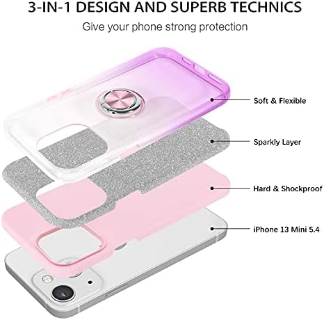 BENTOBEN iPhone 13 Mini Kılıf ile Uyumlu, 360° Halka Tutucu ile Slim Fit Glitter Sparkly Kickstand Manyetik Araç Montaj Desteklenen