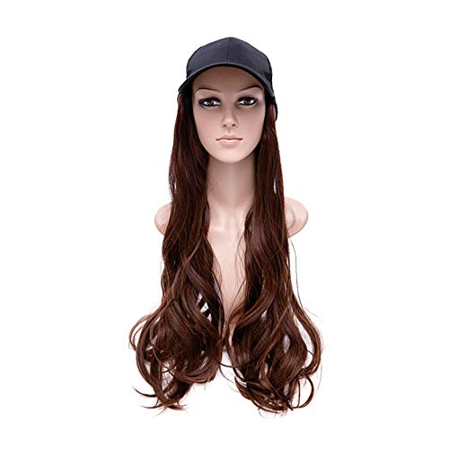 Rugelyss Siyah beyzbol şapkası ıle Dalgalı Kıvırcık Koyu Kahverengi Saç Uzatma 18 Inç Uzun Peruk Kadınlar ıçin Şapka ıle Hairpieces