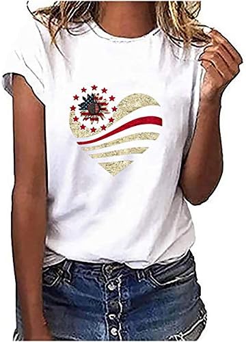 Yaz Beyaz T-Shirt Kadınlar için Bağımsızlık Günü Ayçiçeği Kalp Baskılı Tunik Tops Sevimli O-boyun Bluz Kazak