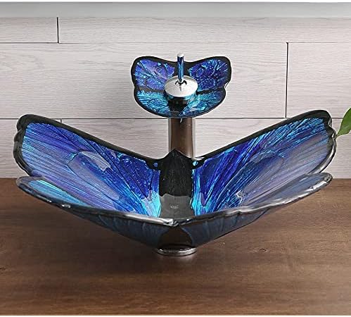 SZXJJ Mavi kelebek şekilli temperli cam lavabo şelale musluk havzası tutucu ile