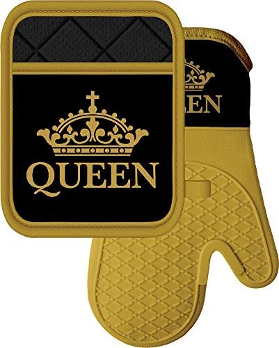 African American Expressions-Fırın Eldiveni 7 x13 / Tencere Tutacağı 7x9 Silikon Set, Kraliçe Siyah ve Altın, KM-03 Eşleştirme