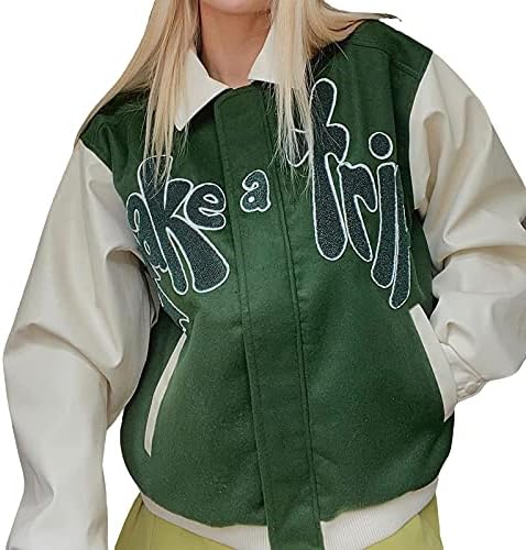 Kadınlar Boy Üniversite Ceket Uzun Kollu Y2k Zip Up Bombacı Ceket Rahat Beyzbol Ceket Biker Dış Giyim Streetwear