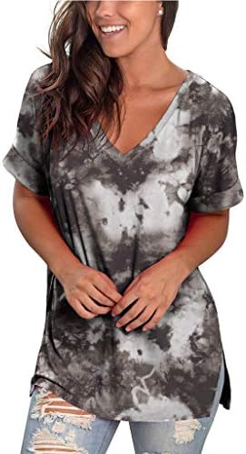 Bayan Yaz Kısa Kollu Üstleri Derin V Boyun Batik Baskı Bluzlar Artı Boyutu Rahat T Shirt Temel Tunik Üstleri