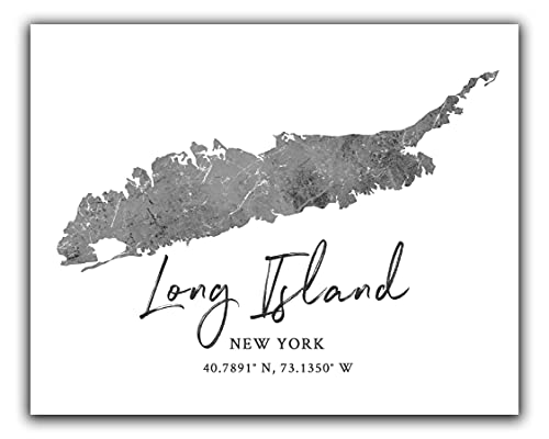 Long Island NY Harita Duvar Sanat Baskı-Koordinatları ile 10x8 Siluet Dekor Baskı. Lİ Temalı bir Hediye olur. Gri, Siyah ve Beyaz