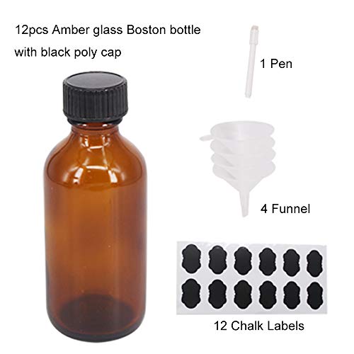 BPFY 2 oz 12 paket Amber Boston Cam Şişe İle Siyah Poli Kap, Huni, tebeşir Etiketleri, kalem Dağıtım Şişeleri için Ev Yapımı