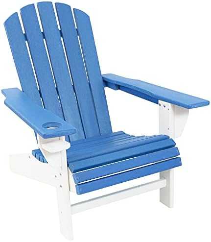 Sunnydaze Tüm Hava Koşullarına Dayanıklı Mavi/Beyaz Dış Mekan Adirondack Sandalye, İçecek Tutuculu-Ağır Hizmet Tipi HDPE Hava