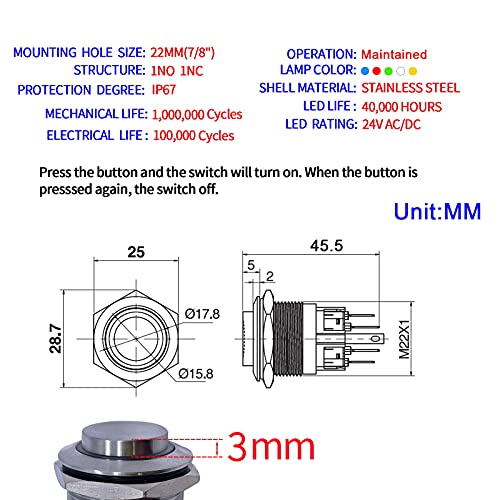 2 ADET 22mm Yüksek Yuvarlak Mandallama Push Button Anahtarı Marş Durdurma Su Geçirmez IP67 On Off Paslanmaz Çelik ile 24 V led