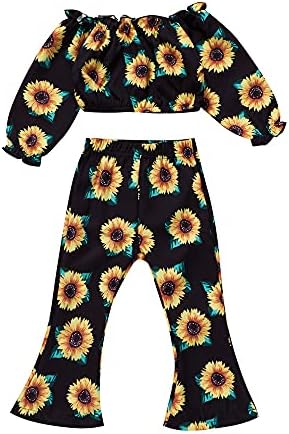 Bebek Kız Giysileri Set Ayçiçeği Baskı Uzun Kollu Kapalı Omuz Bluz Gömlek Tops+Flare Pantolon Güz Bahar Kıyafet